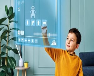 Futuristic child programming robot on virtual screen.
